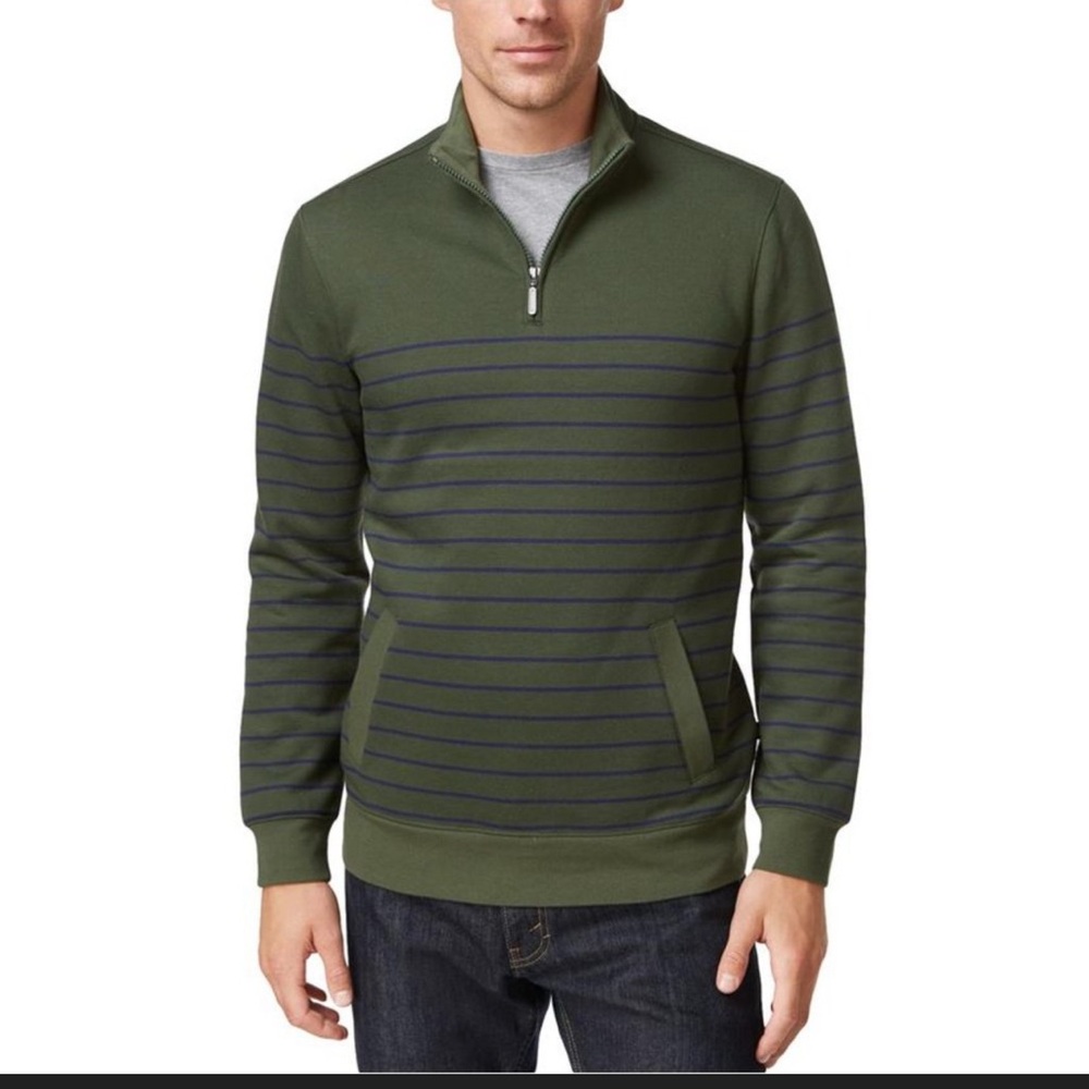 Mens Club Room Green and Blue Striped Quarter Zip Sweatshirt, Size XL